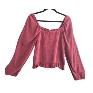 Long Sleeve Boho Square Neck Smocked‎ Ruffle Hem Top Trending Maroon Color